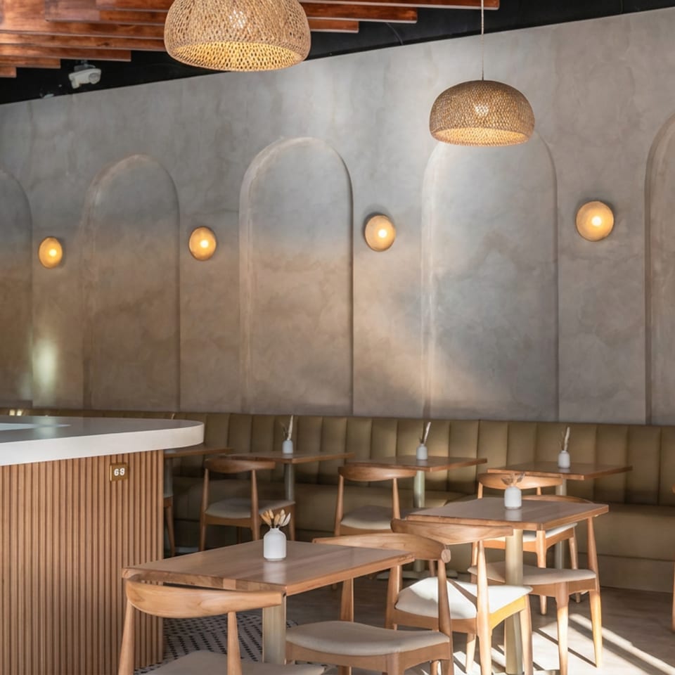 Warm, modern restaurant interior with wooden tables, upholstered seating, woven pendant lights, and arched textured walls.