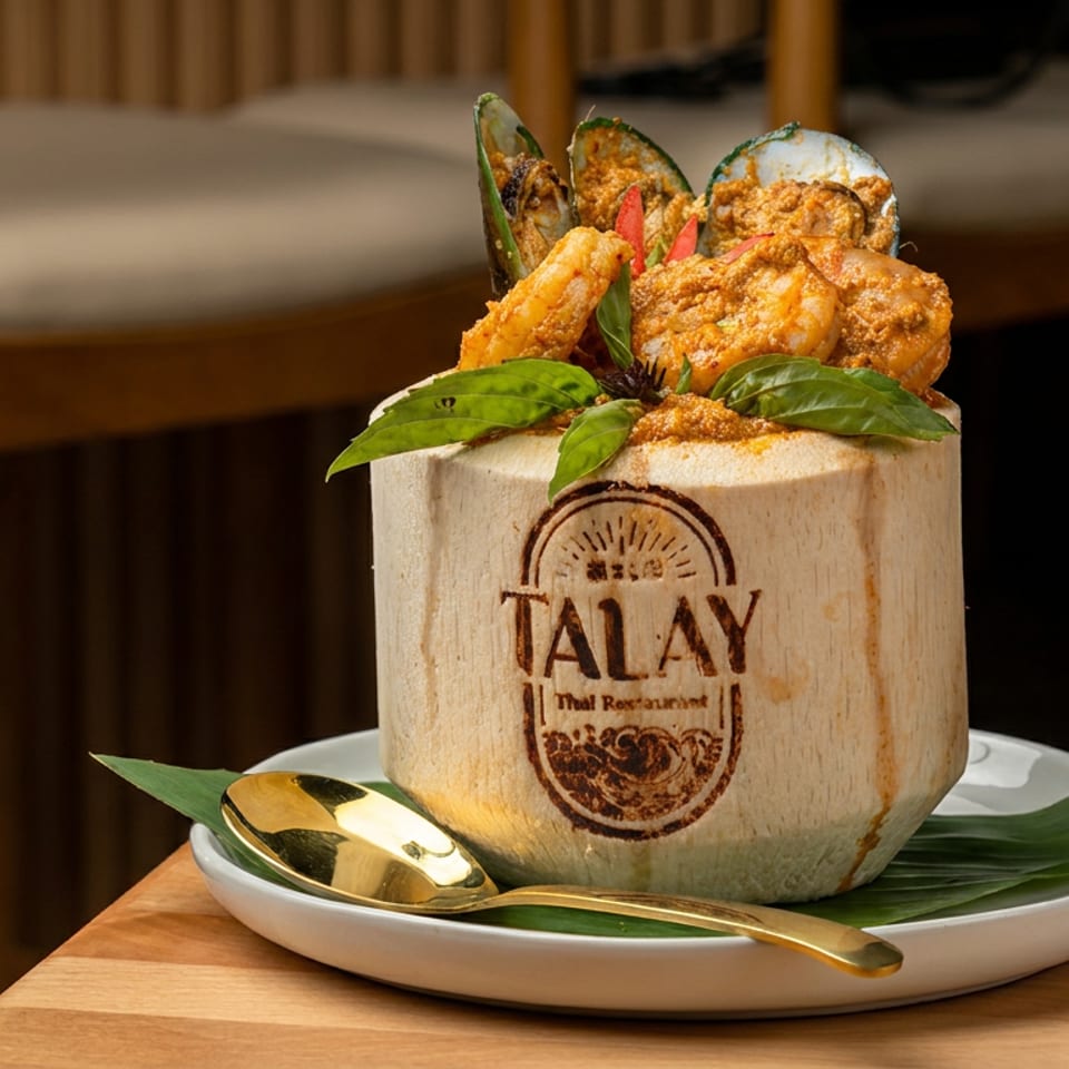 Coconut cocktail garnished with prawns, mussels, basil, and chili, served on a leaf-lined plate at Talay Thai restaurant.