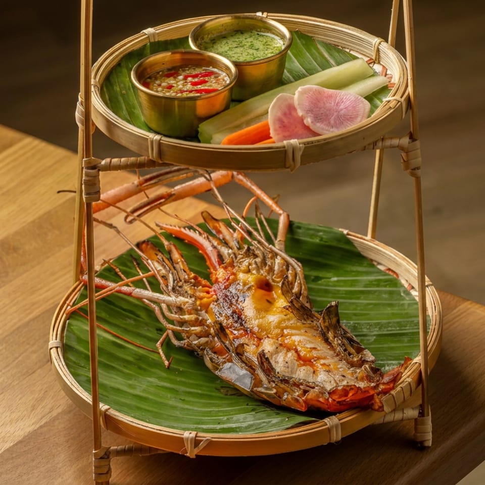 Two-tier bamboo serving tray with grilled lobster, dipping sauces, fresh vegetables, and banana leaves on a wooden table.