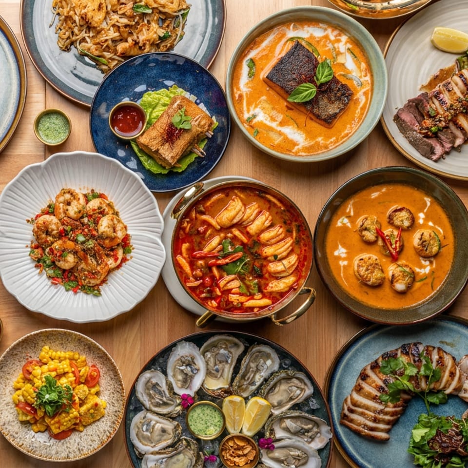 Overhead spread of assorted seafood dishes, including grilled squid, oysters, curries, crispy prawns, and rice, arranged on a wooden table.