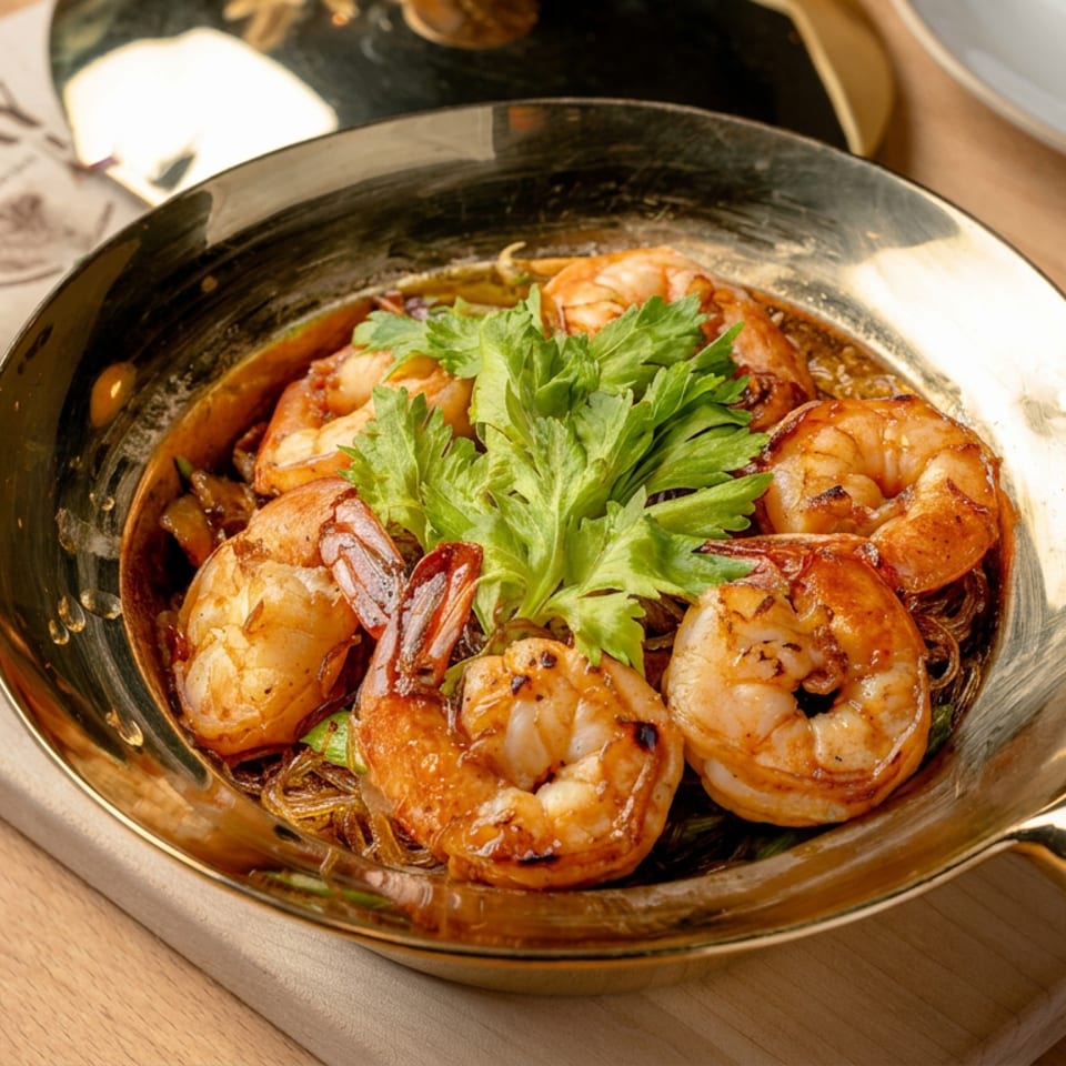 Grilled shrimp served over glass noodles in a skillet, garnished with fresh herbs and accompanied by green dipping sauce.