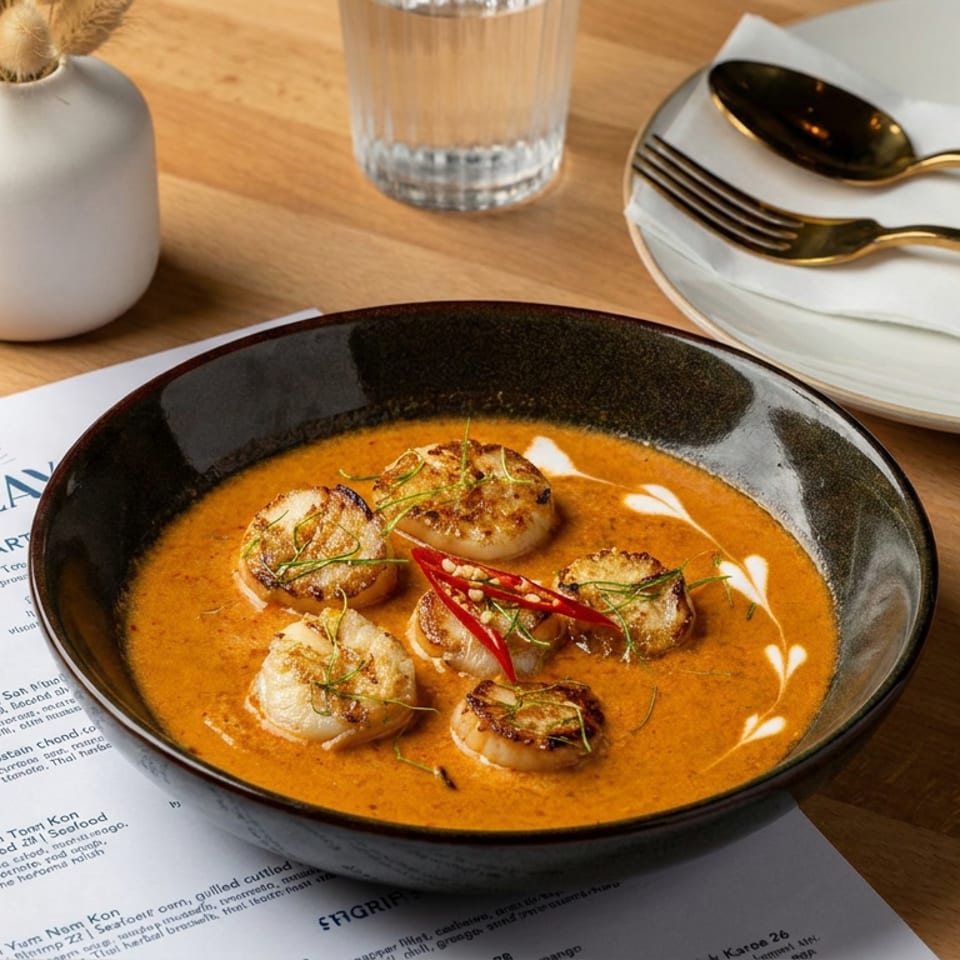 Black bowl of orange curry topped with seared scallops, red chili, and herbs on a restaurant table.