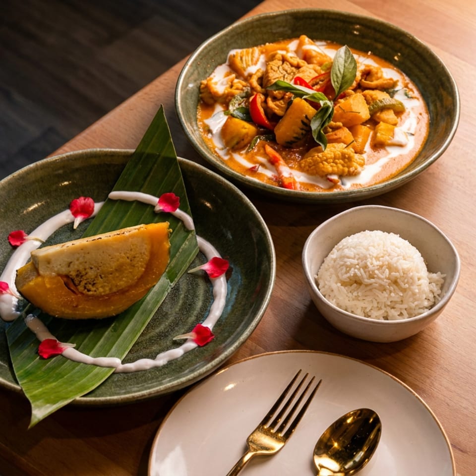 Thai meal featuring curry with vegetables, jasmine rice, and a plated banana-leaf dessert garnished with coconut cream and flowers.