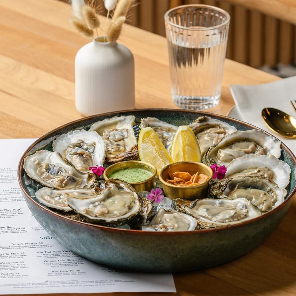 Platter of fresh oysters with lemon wedges, dipping sauces, and flowers on a wooden restaurant table.